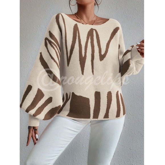Knit Graphic Pullover Sweater Beige Brown Bishop Sleeve Stretchy - Picture 5 of 11